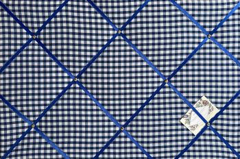 Custom Handmade Bespoke Fabric Pin Memo Notice Photo Cork Memo Board With Royal Blue & White Gingham Fabric With Your Choice of Sizes & Ribbons