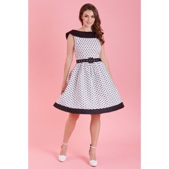Dolly & Dotty Retro Cindy Swing Dress White & Black Polka Dots Full Skirt & Fitted Bodice & 50's Roll Collar