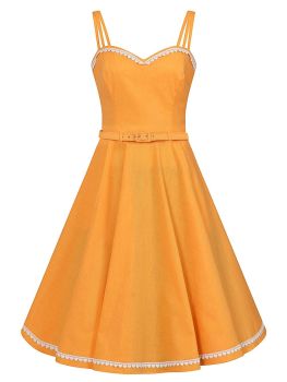 Collectif Womenswear Nova Heart Orange / Yellow Trim Sweetheart Neck Heart Trim Swing Dress