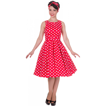 Dolly Dotty Retro Annie Red Full Skirted Pinup Swing Dress with White Polka Dots