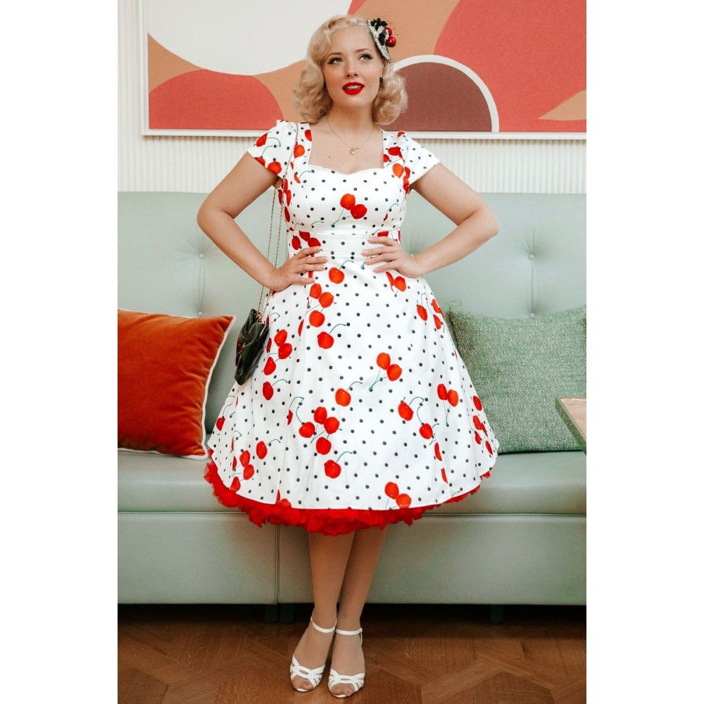Dolly & Dotty Claudia 50s Style Red Cherry & Polka Dot White Print Pin Up D