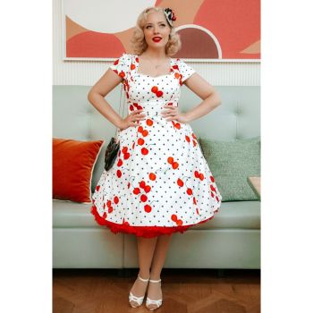 Dolly & Dotty Claudia 50s Style Red Cherry & Polka Dot White Print Pin Up Dress