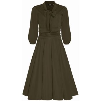 Dolly & Dotty Sandra Vintage Inspired Stretchy Olive Green Bow Tie Dress With Pockets