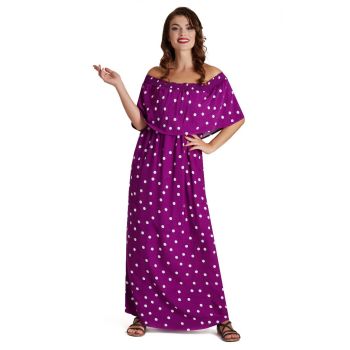Dolly Dotty Karen Multi Wear Off & On the Shoulder Floaty Dress Purple Polka Dot