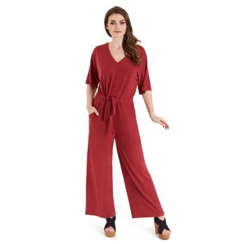 Dolly Dotty Work From Home Charlotte Burgundy Wide Leg Soft Stretchy Jumpsuit