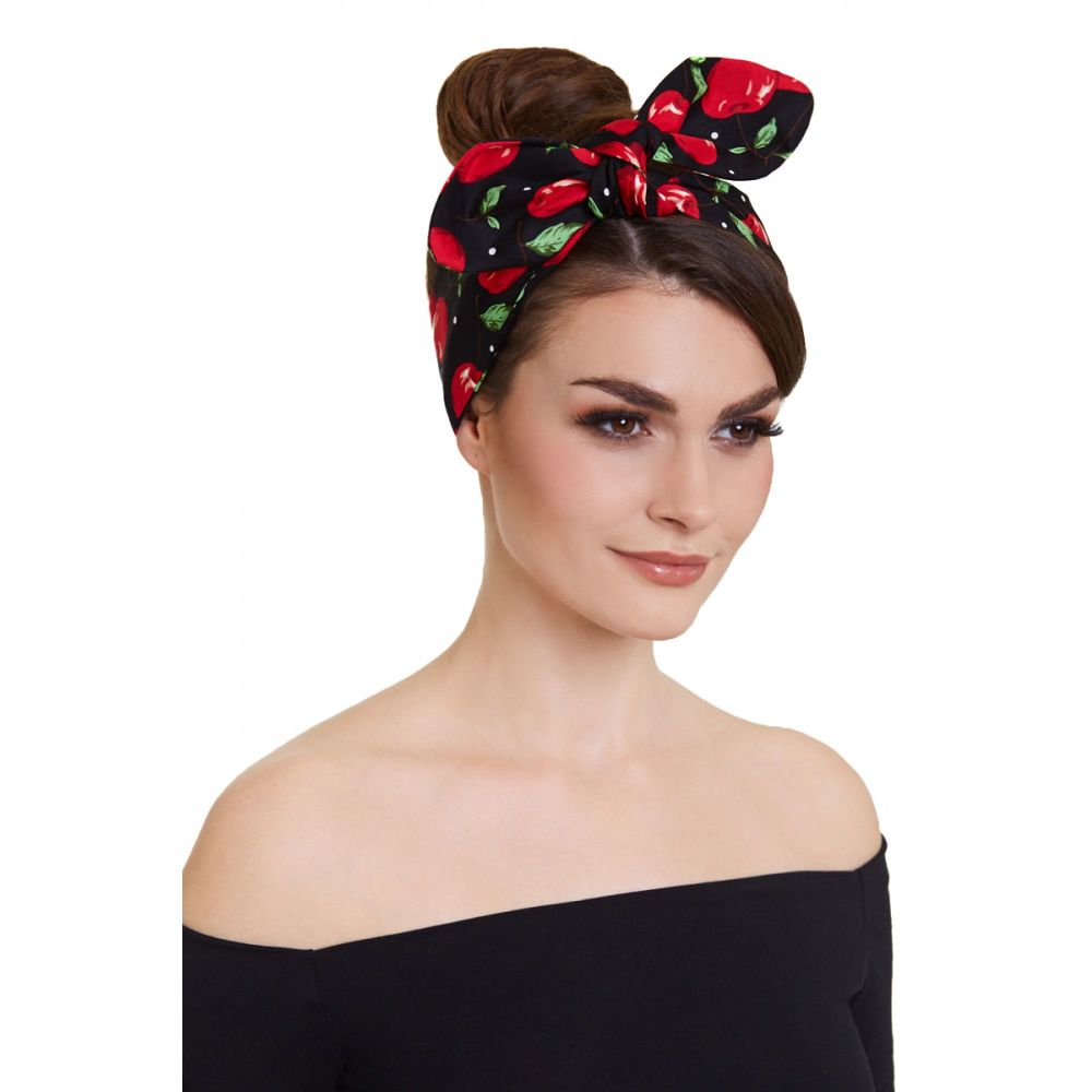 Dolly & Dotty Rockabilly Tie Headband Reversible Cute Cherry Pattern & Blac