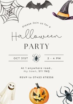 Personalised With Your Details - Halloween Party Invitation PDF Printable Ghost Pumpkin Spider Witches Hat Bat Spider's Web