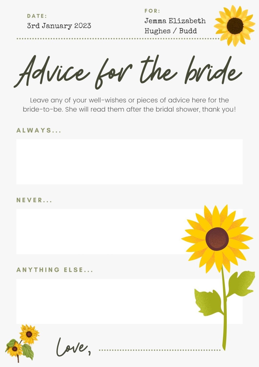 Personalised With Your Details Advice for the Bride Sunflower Printable PDF