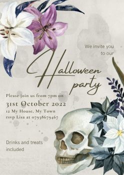 Personalised With Your Details - Customised Halloween Party Invitation PDF Printable Skulls & Lilly Flowers