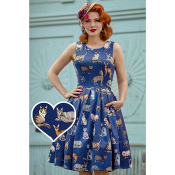 Dolly & Dotty Blue Annie Retro Blue Pinup Cat Swing Dress 50s Swinging Skirt
