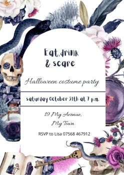 Personalised With Your Details - Customised Halloween Party Invitation PDF Printable Eat Drink & Scare Skull Snake Costume Party