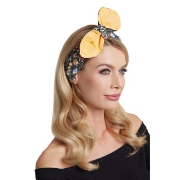Dolly & Dotty Rockabilly Vintage Inspired Soft Tie Headband Reversible 50's Inspired Vintage Yellow Floral Headband Dark Blue