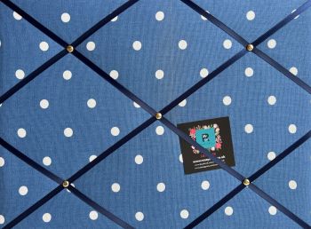 Custom Handmade Bespoke Fabric Pin Memo Notice Photo Cork Memo Board With Clarke & Clarke Denim Blue Dotty Spot Choice of Sizes & Ribbons