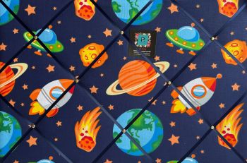 Custom Handmade Bespoke Fabric Pin Memo Notice Photo Cork Board With Navy Blue Space Rockets UFOs Fabric Your Choice of Sizes & Ribbon