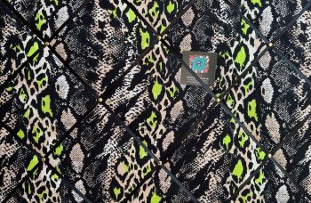 Custom Handmade Bespoke Fabric Pin Memo Notice Photo Cork Memo Board Black & Lime Green Snake Skin Print With Your Choice of Sizes & Ribbons