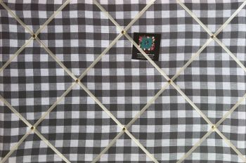 Custom Handmade Bespoke Fabric Pin Memo Notice Photo Cork Memo Board With Charcoal Dark Grey Gingham With Your Choice of Sizes & Ribbon
