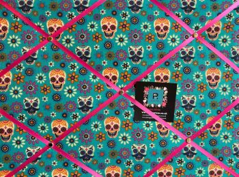 Custom Handmade Bespoke Fabric Pin Memo Notice Photo Cork Memo Board With Skulls & Flowers Jade Green Day of the Dead Choice of Sizes & Ribbon