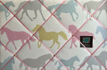 Custom Handmade Bespoke Fabric Pin Memo Notice Photo Cork Memo Board With Clarke & Clarke Stampede Horses Sorbet With Your Choice of Sizes & Ribbons