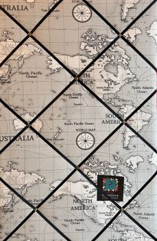 Custom Handmade Bespoke Fabric Pin Memo Notice Photo Cork Memo Board With Fryetts Atlas World Map Globe Grey With Your Choice of Sizes & Ribbon