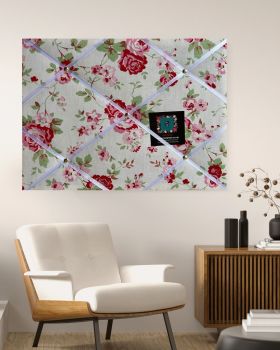 Custom Handmade Bespoke Fabric Pin Memo Notice Photo Cork Memo Board With White Rosali Roses Kitsch Floral Print & Your Choice of Sizes & Ribbons