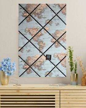 Custom Handmade Bespoke Fabric Pin Memo Notice Photo Cork Memo Board With Blue Atlas World Map Globe With Your Choice of Sizes & Ribbons