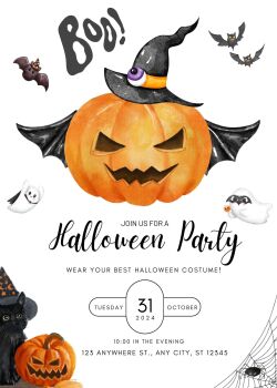 Personalised With Your Details - Customised Halloween Party Invitation PDF Printable Orange Black White Modern Pumpkin Witch Party Invite
