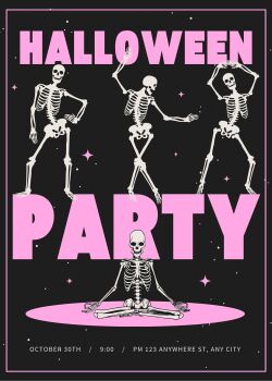 Personalised With Your Details - Customised Halloween Party Invitation PDF Printable Black & Pink Feminine Cool Skeleton Party Invite