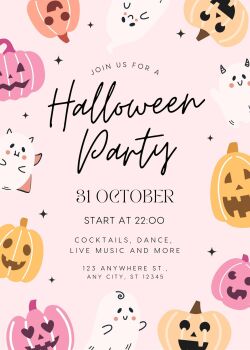 Personalised With Your Details - Customised Halloween Party Invitation PDF Printable Pink Cute Pumpkins Ghost Cocktails Dancing Music Party Invite