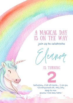 Personalised With Your Details - Customised Birthday Party Invitation PDF Printable Playful Unicorn Rainbow Baby Invite