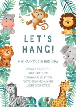 Personalised With Your Details - Customised Birthday Party Invitation PDF Printable Tropical Zoo Animals & Greenery 4th Birthday Invite