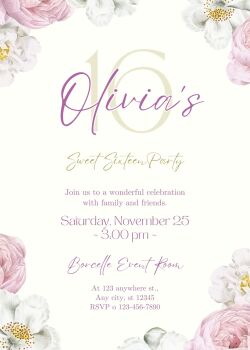 Personalised With Your Details - Customised Birthday Party Invitation PDF Printable Purple Pink Floral Sweet Sixteen Invite