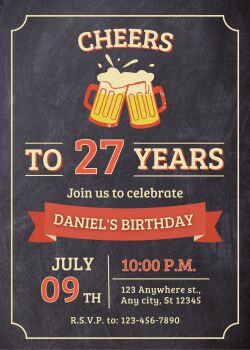 Personalised With Your Details - Customised Birthday Party Invitation PDF Printable Vintage Beers 27th Red & Black Invite