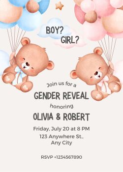 Personalised With Your Details - Customised Gender Reveal Celebration Invitation PDF Printable Pink & Blue Teddy Bear He Or She