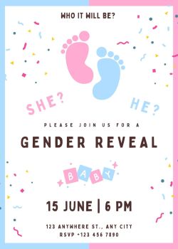 Personalised With Your Details - Customised Gender Reveal Celebration Invitation PDF Printable Pink & Blue Footprint He Or She