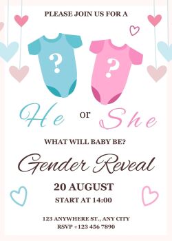 Personalised With Your Details - Customised Gender Reveal Celebration Invitation PDF Printable Pink & Blue Baby Grow Romper He Or She