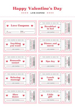 PDF Printable Valentines Day Love Modern Coupons Tickets  - Alternative Gift