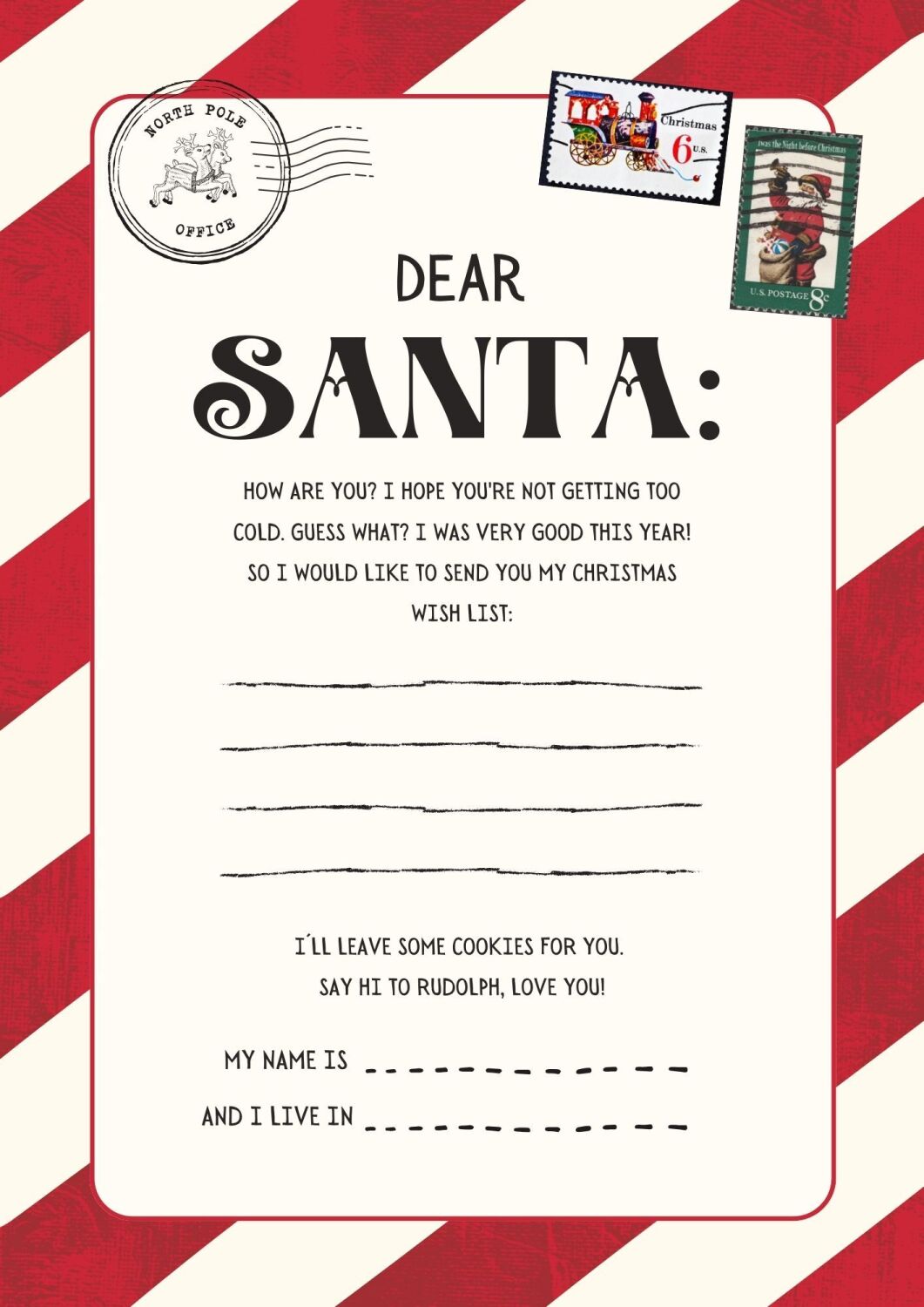 PDF Printable Red & White Vintage Christmas Santa Letter Christmas Wish Lis