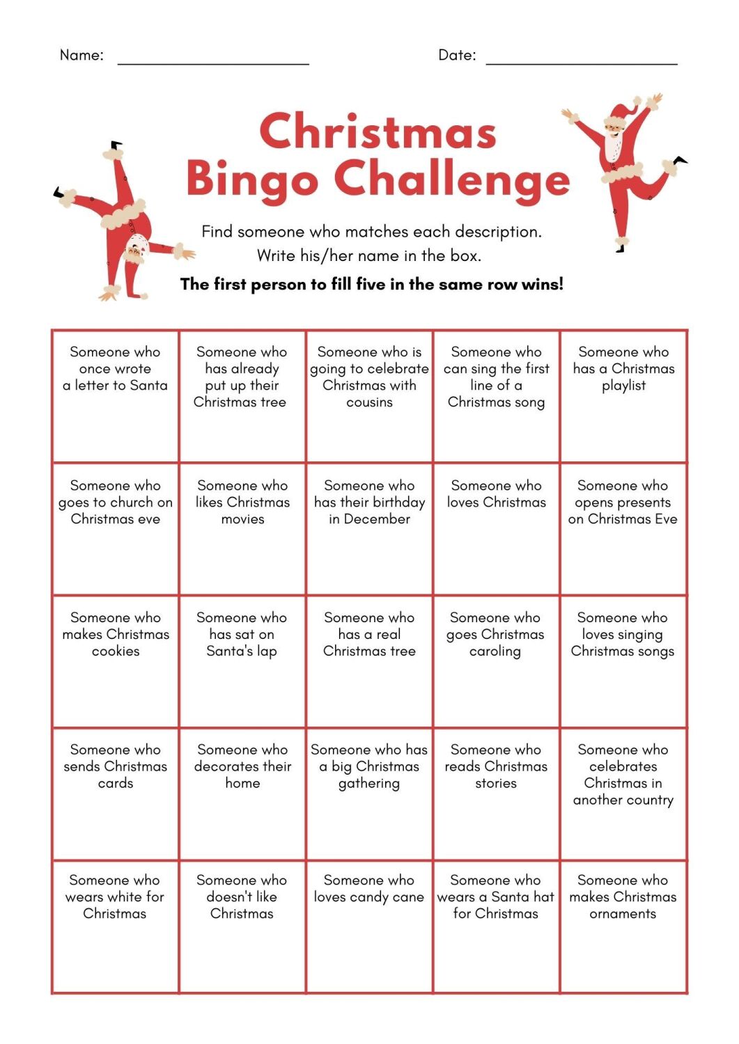 PDF Printable White & Red Christmas Bingo Game Challenge Worksheet