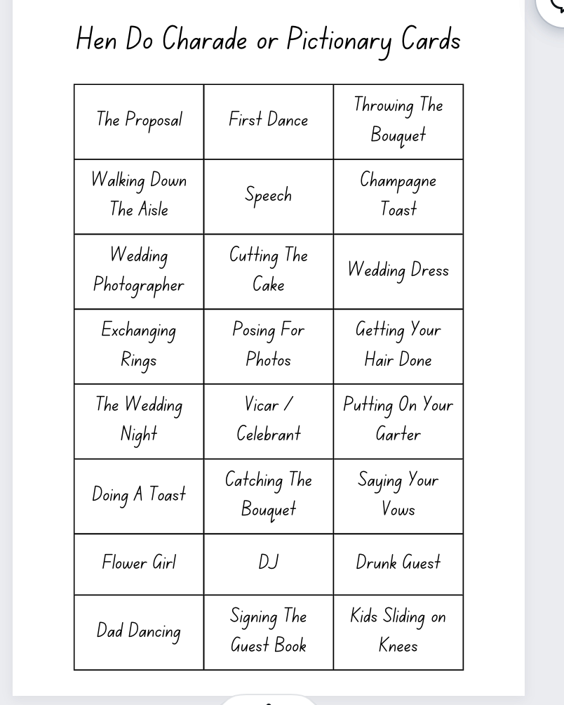 Printable PDF Wedding Hen Do Bachelorette Party Pictionary or Charade Cards