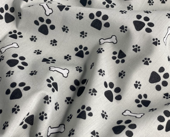 Paws & Bones Dog Polycotton Grey Fabric 45 inch Sold By The Metre FREE UK DELIVERY