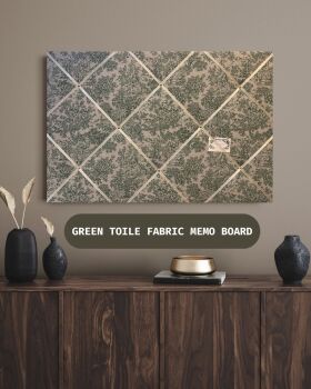 Custom Handmade Bespoke Fabric Pin Memo Notice Photo Cork Memo Board With Vintage French Lovers Toile De Jouy Green With Your Choice of Sizes & Ribbon