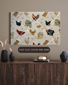 Custom Handmade Bespoke Fabric Pin Memo Notice Photo Cork Memo Board With Cluck Cluck Hens Chickens Cream With Your Choice of Sizes & Ribbons