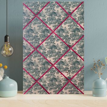 Teal Toile De Jouy Fabric Lightly Padded Fabric Notice / Memo Board - French Lovers - Made to your specifications