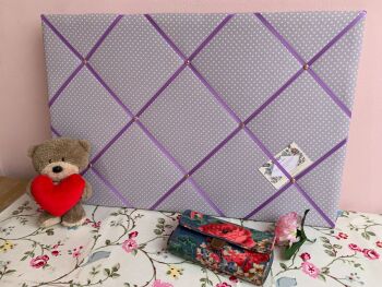 Lilac Polka Dot Lightly Padded Fabric Notice Memo Bulletin Board - Made to your specifications, Great for displaying cards, notes, photos, letters