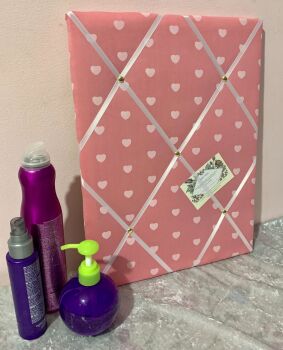 Pink & White Heart Lightly Padded Fabric Notice Memo Bulletin Board - Made to your specifications, Great for displaying cards, notes, photos, letters