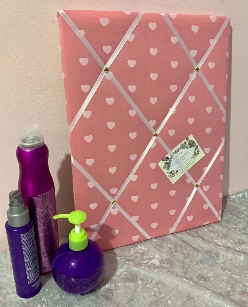 Pink & White Heart Lightly Padded Fabric Notice Memo Bulletin Board - Made 