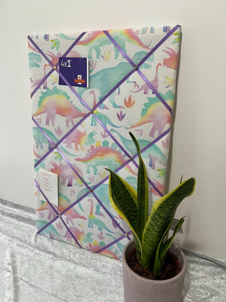 Pastel Colour Dinosaurs Padded Fabric Notice Pin Board - Children's Bedroom