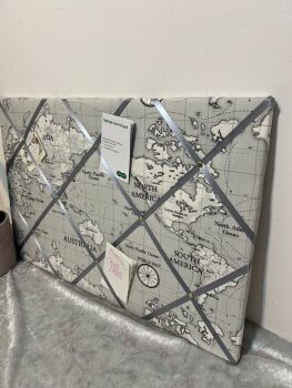 Grey Atlas World Map Globe Lightly Padded Fabric Notice Bulletin Memo Cork Board - Bespoke Handcrafted Service - Great gift to displa