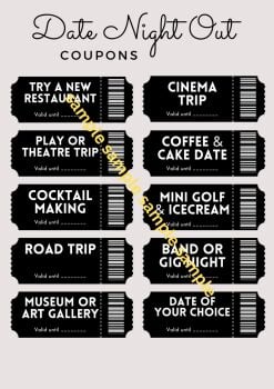 Date Night Out Gift Coupons - Instant Digital Download PDF & JPG Printable - Love Tokens / Certificates - Fun Couple's Christmas Present