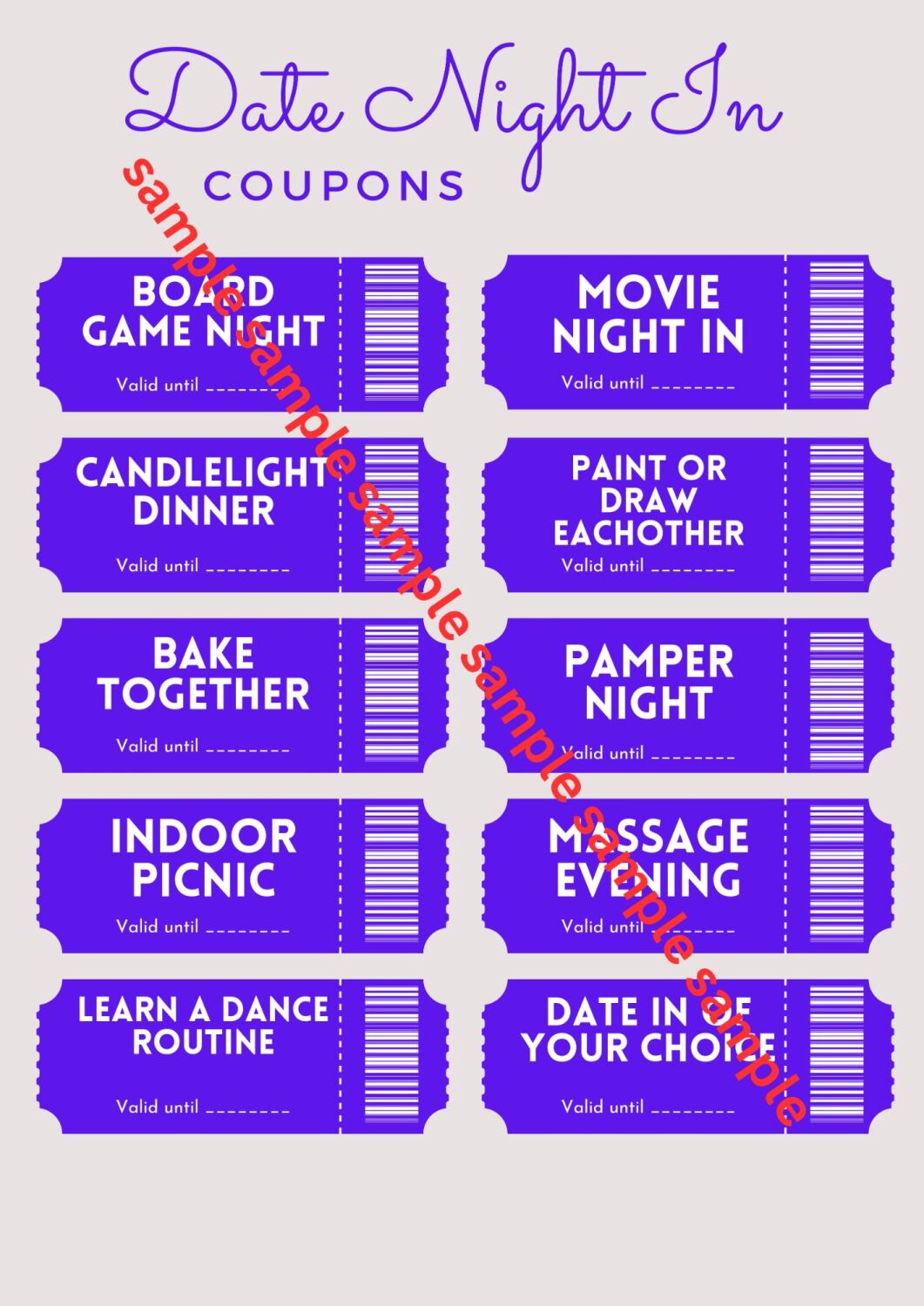 Date Night In Gift Coupons - Instant Digital Download PDF & JPG Printable -